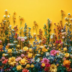 Poster - Realistic photo of a vibrant yellow backdrop with a floral theme The scene features a variety of colorful flowers in full bloom against the bright yellow background
