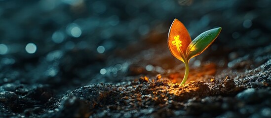 Poster - Bright green seedling emerging from dark soil, illuminated with a warm glow, representing growth, hope, and new beginnings in nature.