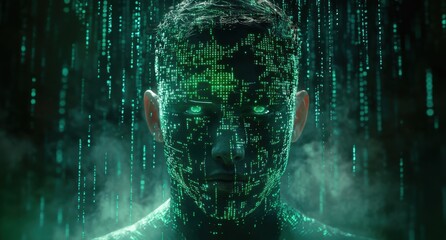 Poster - Portrait of a person with digital patterns and glowing eyes immersed in an abstract matrix environment, symbolizing technology and innovation