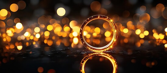 Fototapete - Illuminated gold ring reflecting in water with warm bokeh lights in the background creating a mesmerizing and enchanting ambiance in the scene