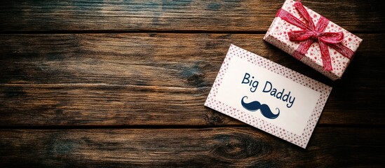 Poster - Gift box with red ribbon on wooden table beside card reading Big Daddy in blue font, rustic background, warm brown tones, vertical placement.