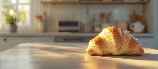 Poster - Golden croissant placed on a warm wooden kitchen counter with soft sunlight creating a cozy atmosphere and minimalistic background elements