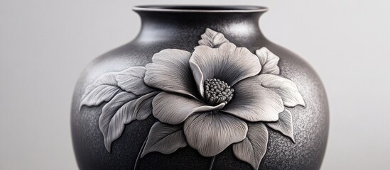 Poster - Ceramic vase featuring detailed floral engravings in monochrome hues with a smooth round shape centered against a soft gray backdrop