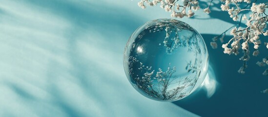 Aufkleber - Clear glass orb on a soft turquoise background with delicate white flowers casting shadows, capturing serene reflections and textures.
