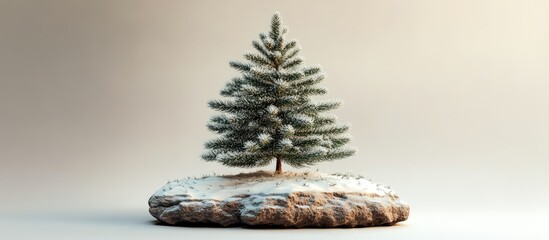Poster - Snowy miniature Christmas tree on a brown base with snow details against a soft beige background, creating a festive holiday atmosphere.