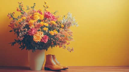 Poster - Realistic scene featuring a bright yellow backdrop with a sophisticated floral arrangement The photo highlights the contrast between the vibrant backdrop and the delicate flowers