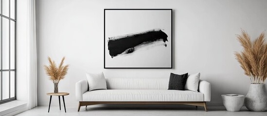 Leinwandbilder - Stylish white interior featuring a minimalistic sofa in the center with a large black and white artwork above and decorative plants on the side