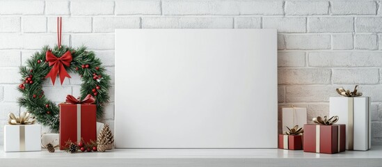 Poster - Empty white canvas on a white brick wall surrounded by a green Christmas wreath with red bows and wrapped gifts in red and gold on the side.