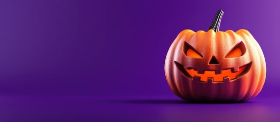 Poster - Vibrant purple background with a carved Halloween pumpkin on the right, showcasing festive spirit and creative arrangement for Halloween imagery.