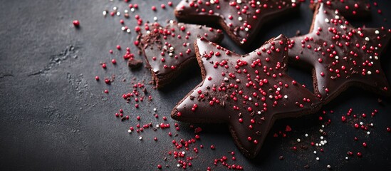 Poster - Chocolate star-shaped cookies on a dark background, adorned with vibrant red sprinkles and shiny icing, showcasing festive holiday treats.