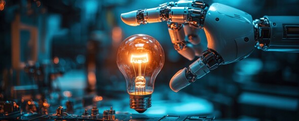 Poster - Robotic Hand Reaching for Glowing Light Bulb in Industrial Setting Showcasing Advanced Technology and Innovation in Automation and Artificial Intelligence
