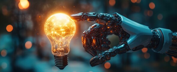 Poster - Robotic Hand Holding Glowing Light Bulb with Digital Patterns in Background Showcasing Innovation and Technology