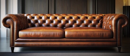 Aufkleber - Elegant brown Italian leather sofa with rich tufted detailing positioned centrally against dark wooden backdrop highlighting luxury and comfort