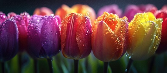 Poster - Close up of vibrant tulips in shades of purple, orange, red, and yellow with glistening water droplets on petals against a blurred dark background