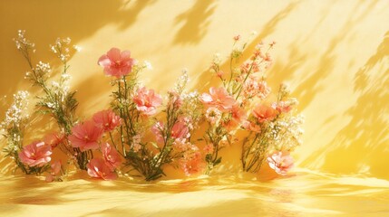 Poster - Realistic scene featuring a bright yellow backdrop with a sophisticated floral arrangement The photo highlights the contrast between the vibrant backdrop and the delicate flowers