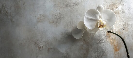 Fototapete - Elegant white orchid flower on slender dark stem against a textured grey background with soft neutral tones and hints of warmth in the corners.