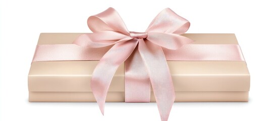 Poster - Elegant beige gift box with a soft pink ribbon positioned centrally against a clean white background highlighting its beauty and suitability for celebrations