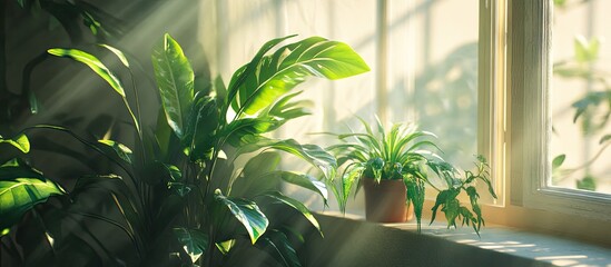 Aufkleber - Lush green houseplants basking in soft sunlight near a bright window creating a tranquil indoor atmosphere with warm light and vibrant foliage.