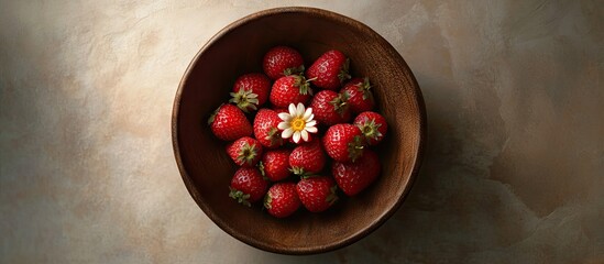 Poster - Fresh ripe strawberries arranged in a wooden bowl with a white flower in the center, set against a textured beige background.