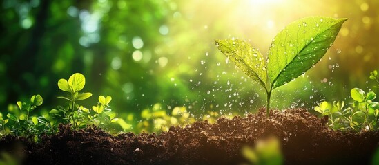 Aufkleber - Lush green leaves with sunlight filtering through, featuring vibrant sprouts to the left and a single leaf emerging from rich soil in the foreground.