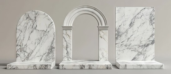 Poster - Elegant white marble podiums featuring three distinct designs, smooth textures, and sophisticated shapes on a neutral gray background.