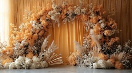 Fototapete - Realistic setup with a yellow backdrop and an elegant floral arrangement The image captures the intricate details of the flowers and the rich yellow background creating a warm ambiance