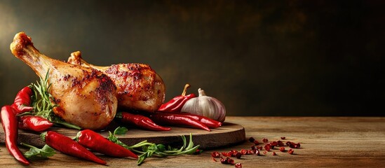 Poster - Fresh raw drumsticks topped with vibrant red chili peppers and garlic on a wooden cutting board, showcasing a rich color palette in a rustic setting.