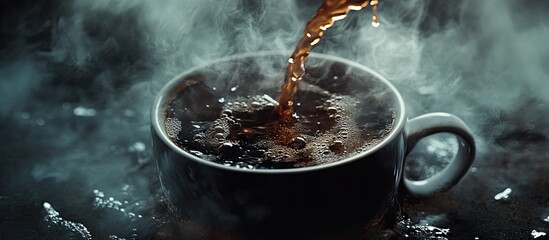 Poster - Steaming black coffee being poured into a white cup with a dark background, evoking energy and warmth through deep brown and gray tones.