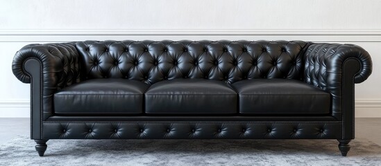 Poster - Elegant black leather Chesterfield sofa with tufted design and round arms, positioned centrally against a neutral backdrop, conveying classic luxury.