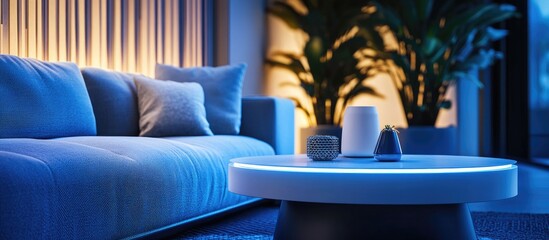 Aufkleber - Futuristic lounge with a modern side table near a cozy couch illuminated by soft blue and warm ambient light enhancing a relaxing atmosphere.