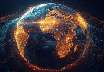 Poster - Stunning Conceptual Image of Earth Superimposed with Digital Elements Showcasing Global Connectivity and Urbanization in Bright Neon Colors