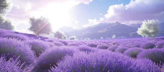 Poster - Vibrant lavender fields in full bloom with bright sunlight illuminating purple flowers against a scenic backdrop of mountains and sky.