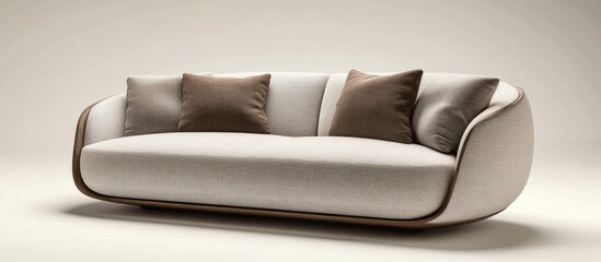 Aufkleber - Contemporary beige sofa with rounded edges and brown accent pillows centered against a soft gray background showcasing modern design aesthetics.