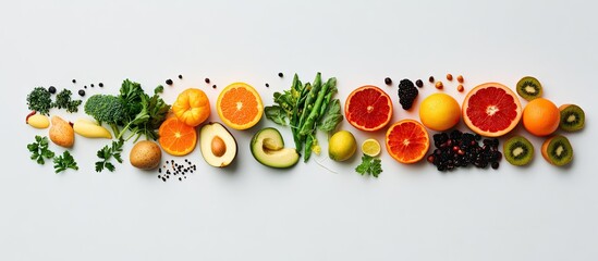 Poster - Colorful arrangement of fresh fruits and vegetables including oranges, avocados, asparagus, and greens positioned neatly on a white background.