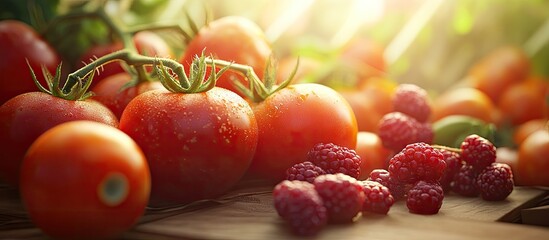 Aufkleber - Vibrant summer scene featuring sun-kissed red tomatoes and ripe berries arranged on a wooden surface with warm sunlight illuminating the colors.