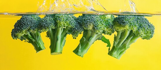 Poster - Fresh broccoli submerged in clear water against a bright yellow background highlighting its vibrant green color and fresh appearance in a clean composition