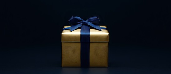 Poster - Elegant gold gift box with blue ribbon centered in dark background highlighting its luxurious texture and design for festive occasions.