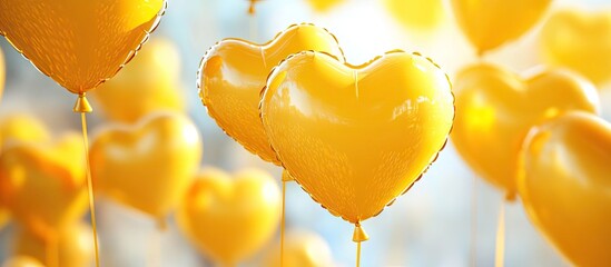 Aufkleber - Yellow heart-shaped balloons gently floating in a bright blue background with soft bokeh lights creating a joyful and romantic atmosphere.