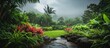 © meristock - Lush tropical garden with vibrant greenery and colorful plants under dramatic grey rainy skies creates a serene nature scene full of life.