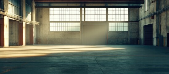 Leinwandbilder - Spacious warehouse interior with large windows and soft light illuminating the concrete floor and walls, ideal for versatile backgrounds.