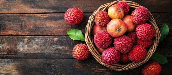 Poster - Vibrant top view of rose apples and rambutan in a wicker basket on a rustic wooden table surrounded by green leaves showcasing freshness and delight