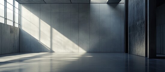 Leinwandbilder - Minimalist industrial warehouse interior with blank gray walls and sunlight casting shadows, creating a serene distraction-free environment.