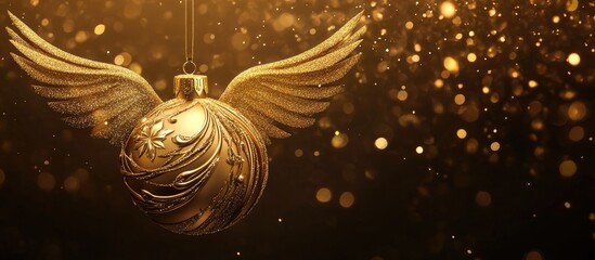 Aufkleber - Golden Christmas ornament with angel design, shimmering gold tones on a dark background, delicately suspended with sparkling bokeh effect.