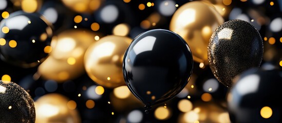 Aufkleber - Elegant arrangement of shiny black and gold balloons floating against a dark background with soft bokeh lights creating a festive atmosphere.