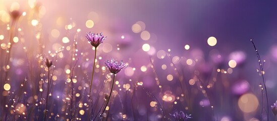 Poster - Delicate meadow flowers with dew drops in soft purple hues, creating a dreamy bokeh effect on a blurred lilac background, enhancing natural beauty