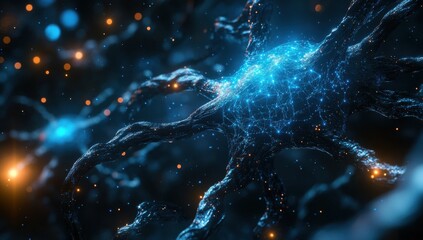 Poster - Stunning Visualization of Neurons with Glowing Connections and Blue Light Effects in a Dark Background for Medical and Scientific Illustrations