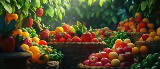 Poster - Vibrant assortment of organic fruits in woven baskets, lush green leaves in the background, bright colors highlighting health and freshness.