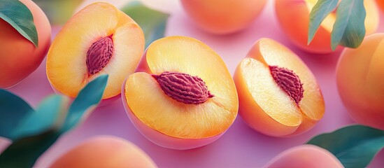 Poster - Vibrant peach halves with pink hues and green leaves arranged symmetrically on a soft background showcasing their juicy texture and freshness.