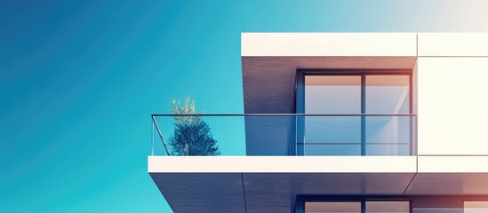 Fototapete - Modern architectural design featuring a sleek white balcony with glass railing and vibrant blue sky in the background, emphasizing minimalist aesthetics.