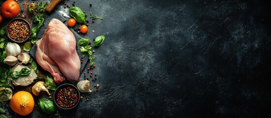 Poster - Raw chicken fillet surrounded by colorful vegetables, fresh herbs, and spices on a dark textured stone background creating an inviting cooking scene